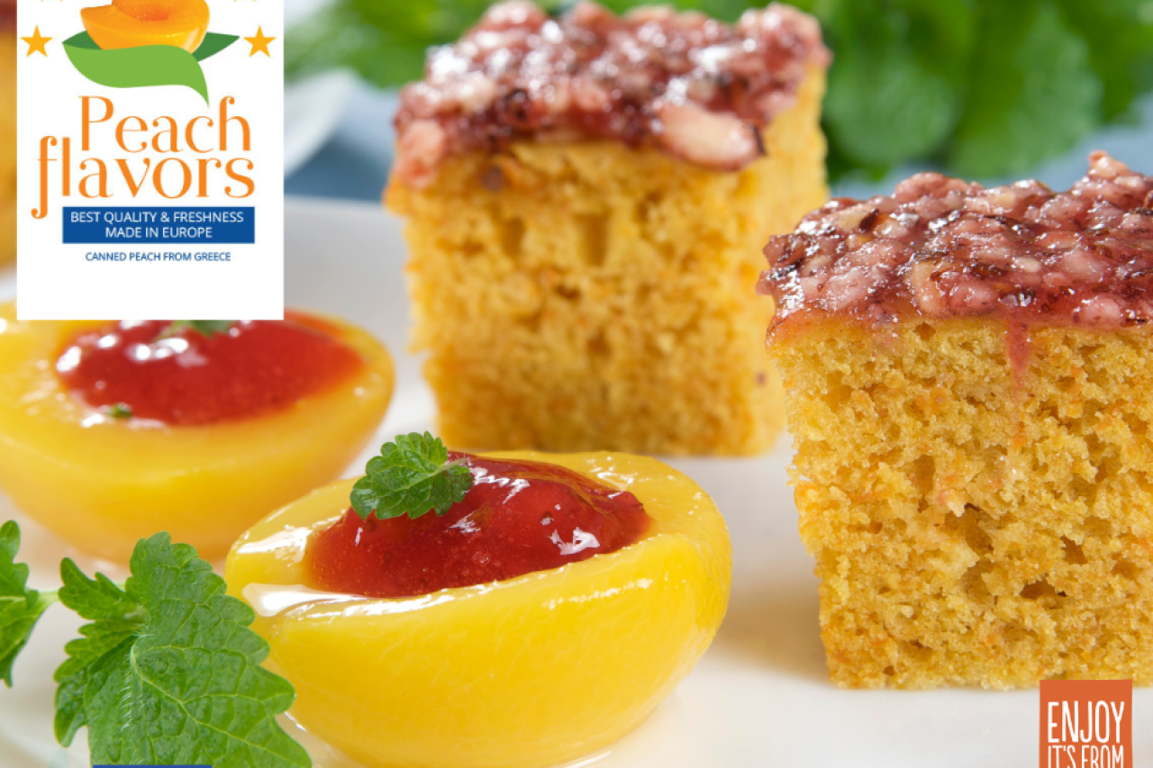Orange cake with European canned peaches 